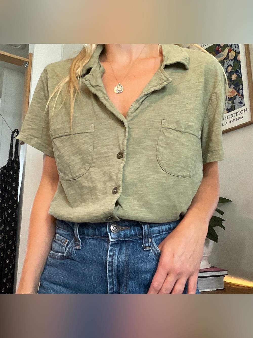 Jane & Delancey Olive Green Utility Button-Up Shirt | L